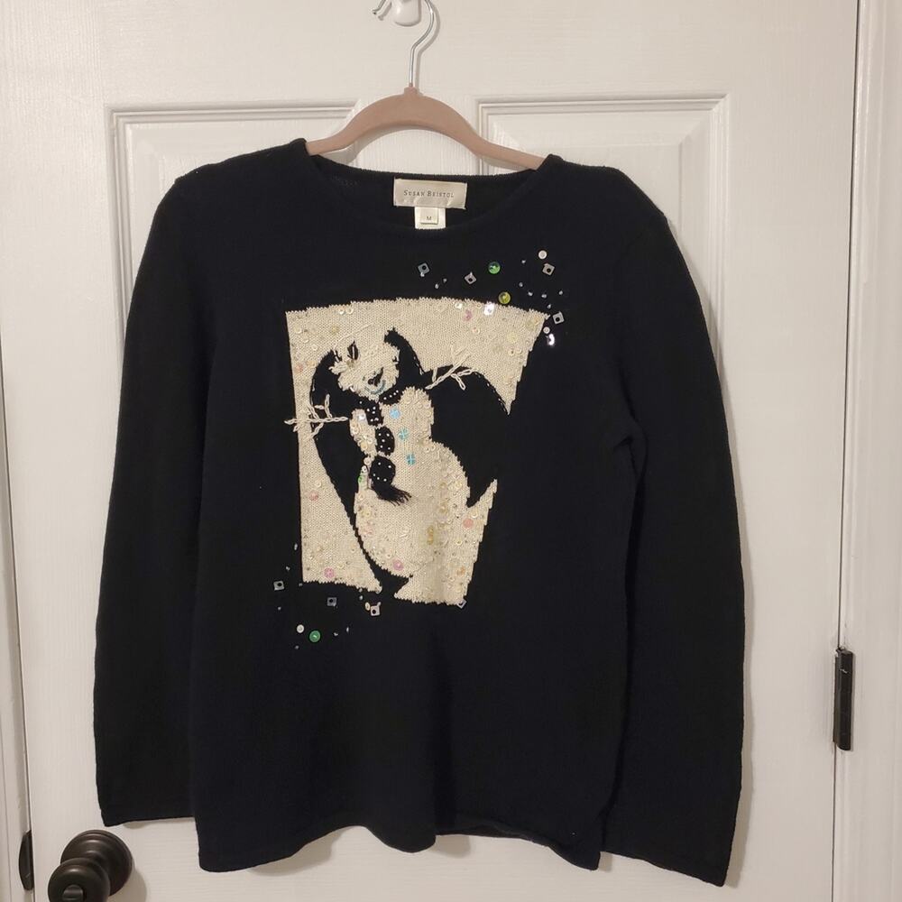 Vintage Susan Bristol Black Sweater Sequin Snowman Cute Ugly Chrismas Party M